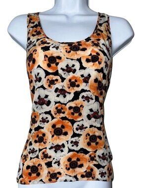 Nieves Lavi Silk Floral Tank Top Orange Black White Sleeveless Blouse Size S